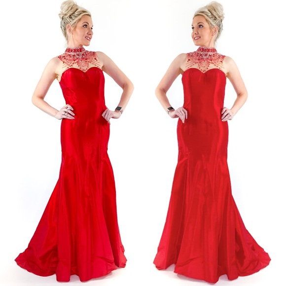 Red Open Back Illusion Prom Dress Pageant Gown - Picture 3 of 8